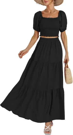 Rooscier Women's 2 Piece Outfit Shirred Short Sleeve Crop Top A Line Beach Maxi Skirt Set