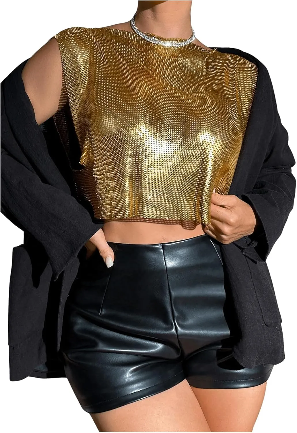 SHENHE Women's Sparkly Sexy Crop Top Metallic Sleeveless Party Club Glitter Crop Tank