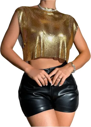 SHENHE Women's Sparkly Sexy Crop Top Metallic Sleeveless Party Club Glitter Crop Tank
