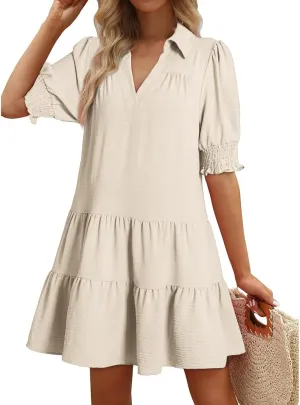 Summer Dresses for Women 2025 Casual Lapel Collared V Neck Mid Sleeved Pleated Midi Dresses Short Sleeve Solid Dresses