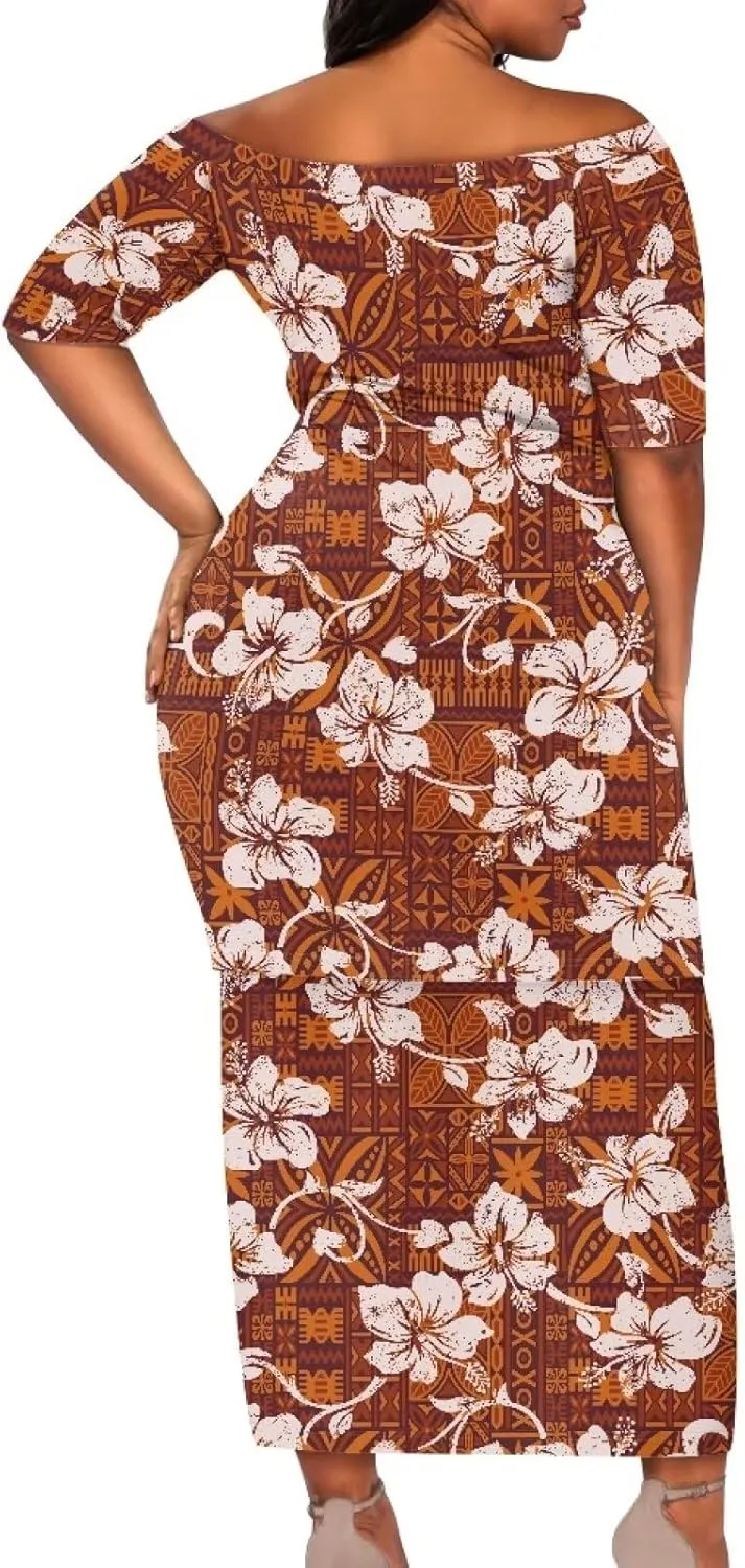 Women Plus Size Crew Neck Two Piece Set Polynesian Puletasi Samoa Off Shoulder Long Dress Set Top Skirts Outfits
