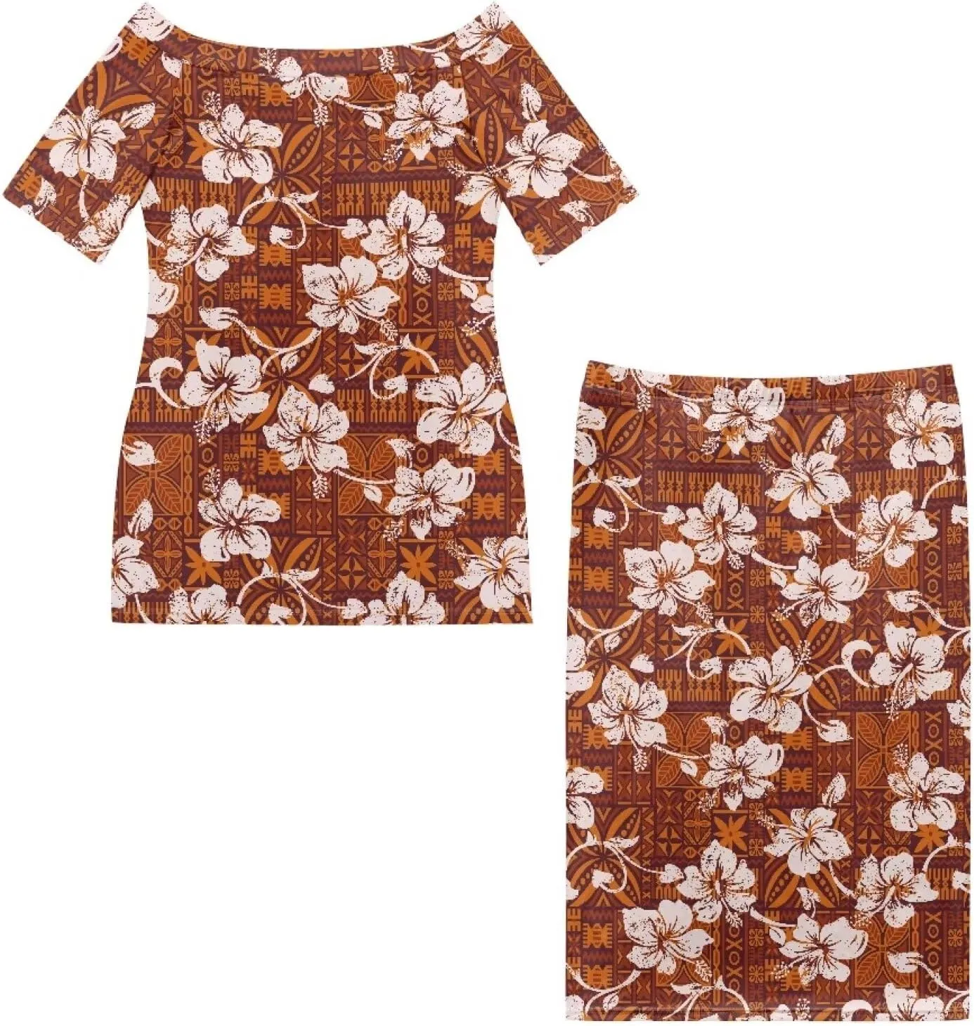 Women Plus Size Crew Neck Two Piece Set Polynesian Puletasi Samoa Off Shoulder Long Dress Set Top Skirts Outfits
