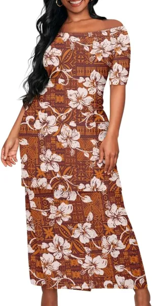 Women Plus Size Crew Neck Two Piece Set Polynesian Puletasi Samoa Off Shoulder Long Dress Set Top Skirts Outfits