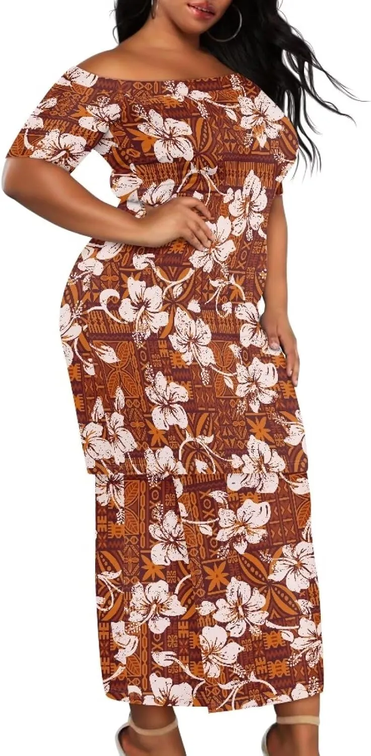 Women Plus Size Crew Neck Two Piece Set Polynesian Puletasi Samoa Off Shoulder Long Dress Set Top Skirts Outfits