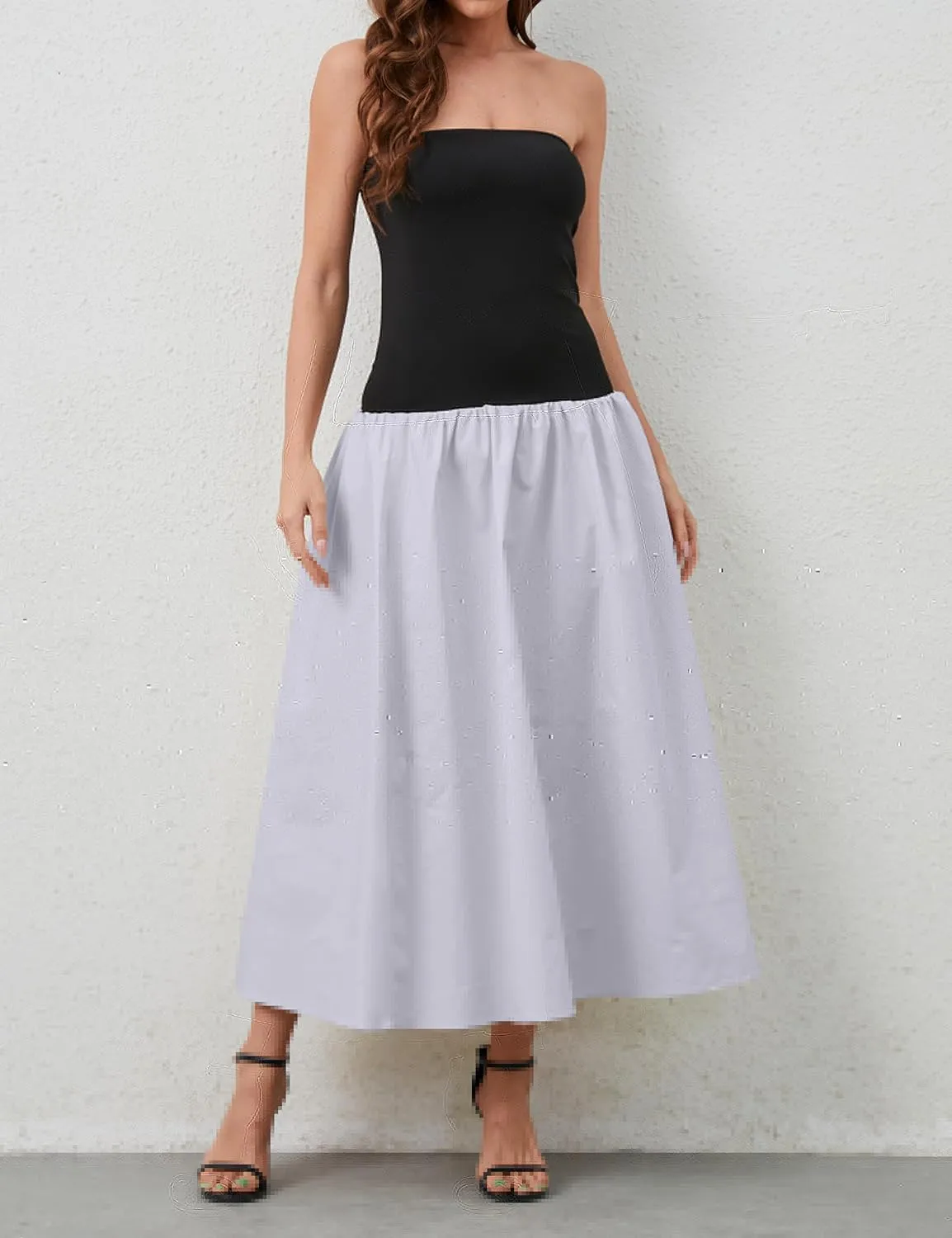 Women Summer Strapless Maxi Tube Dress Sleeveless Patchwork Off Shoulder Color Block Bandeau Swing Long Dress