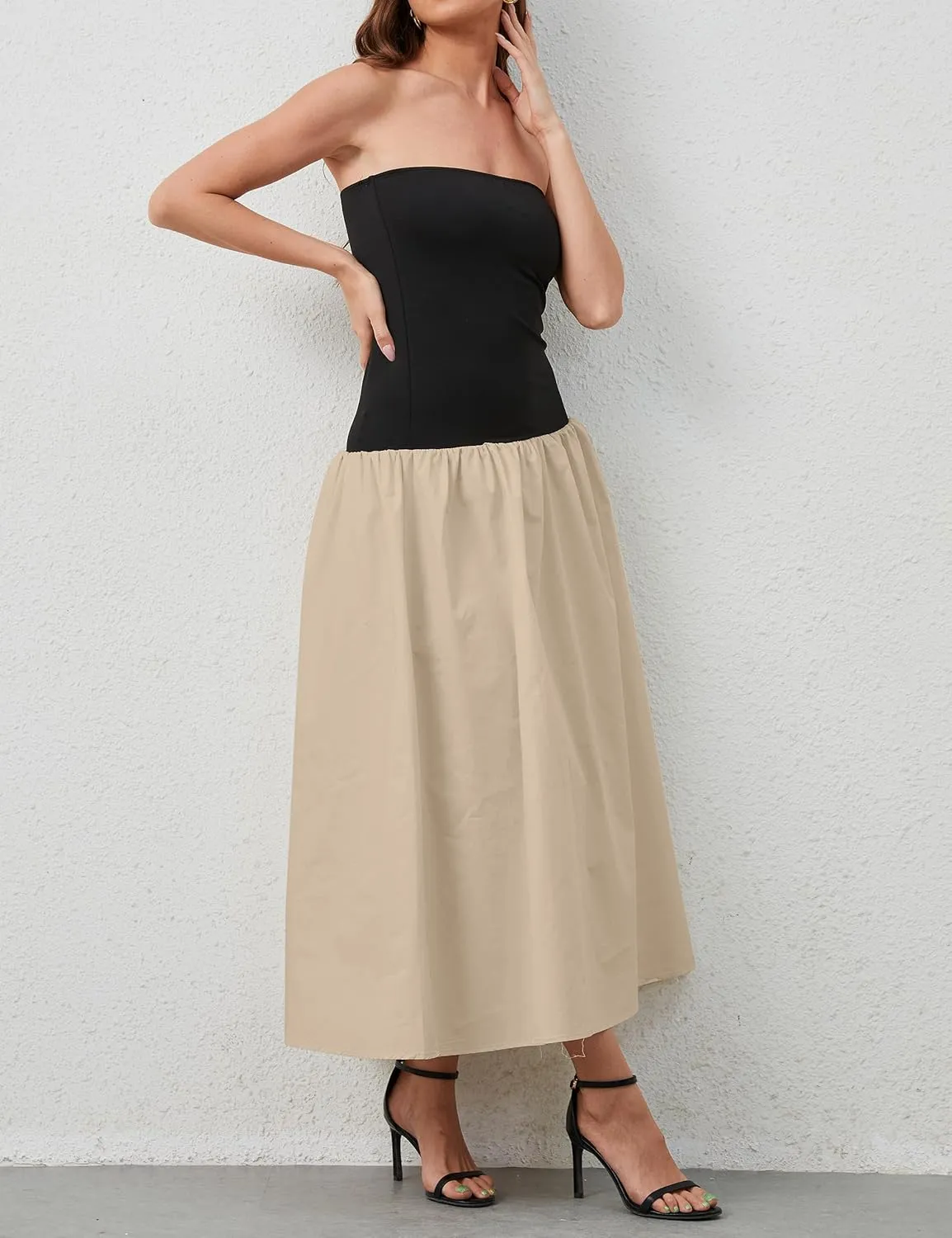 Women Summer Strapless Maxi Tube Dress Sleeveless Patchwork Off Shoulder Color Block Bandeau Swing Long Dress
