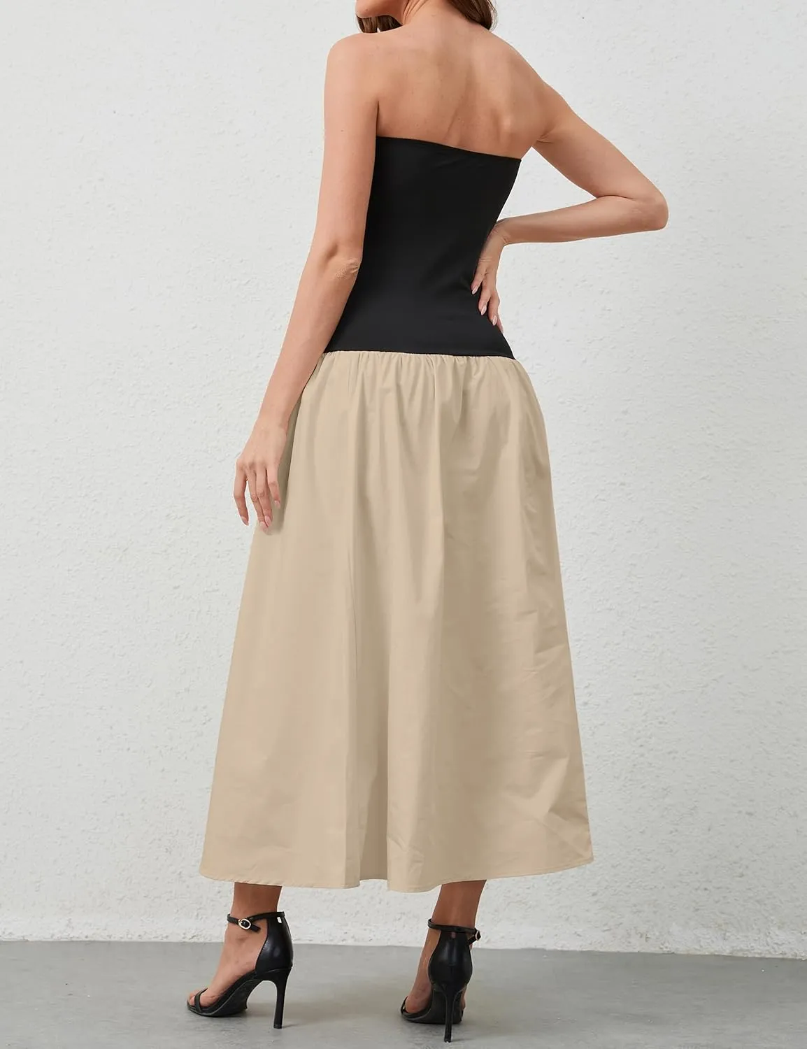 Women Summer Strapless Maxi Tube Dress Sleeveless Patchwork Off Shoulder Color Block Bandeau Swing Long Dress