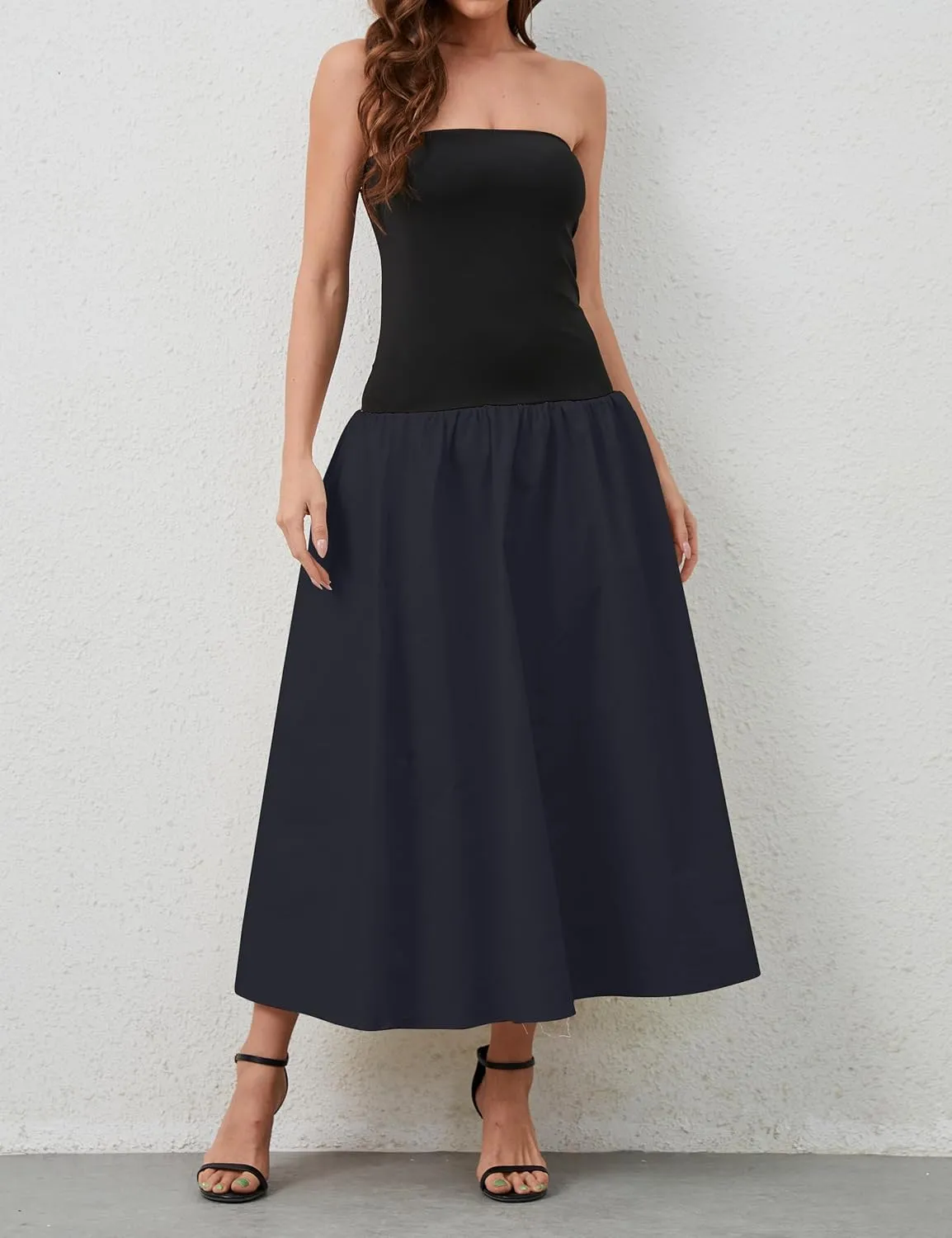 Women Summer Strapless Maxi Tube Dress Sleeveless Patchwork Off Shoulder Color Block Bandeau Swing Long Dress