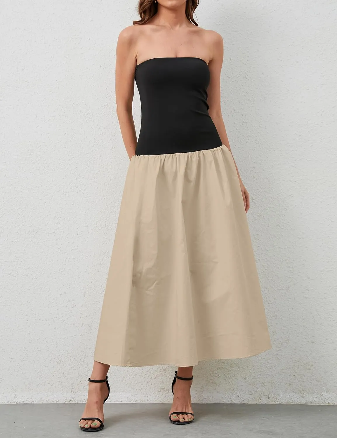 Women Summer Strapless Maxi Tube Dress Sleeveless Patchwork Off Shoulder Color Block Bandeau Swing Long Dress
