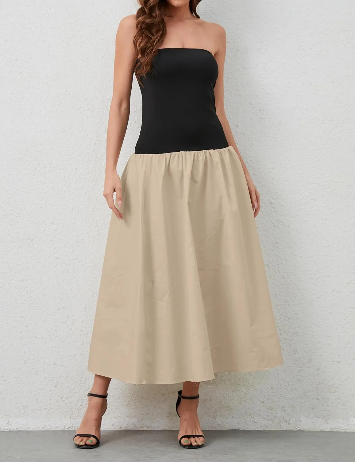 Women Summer Strapless Maxi Tube Dress Sleeveless Patchwork Off Shoulder Color Block Bandeau Swing Long Dress