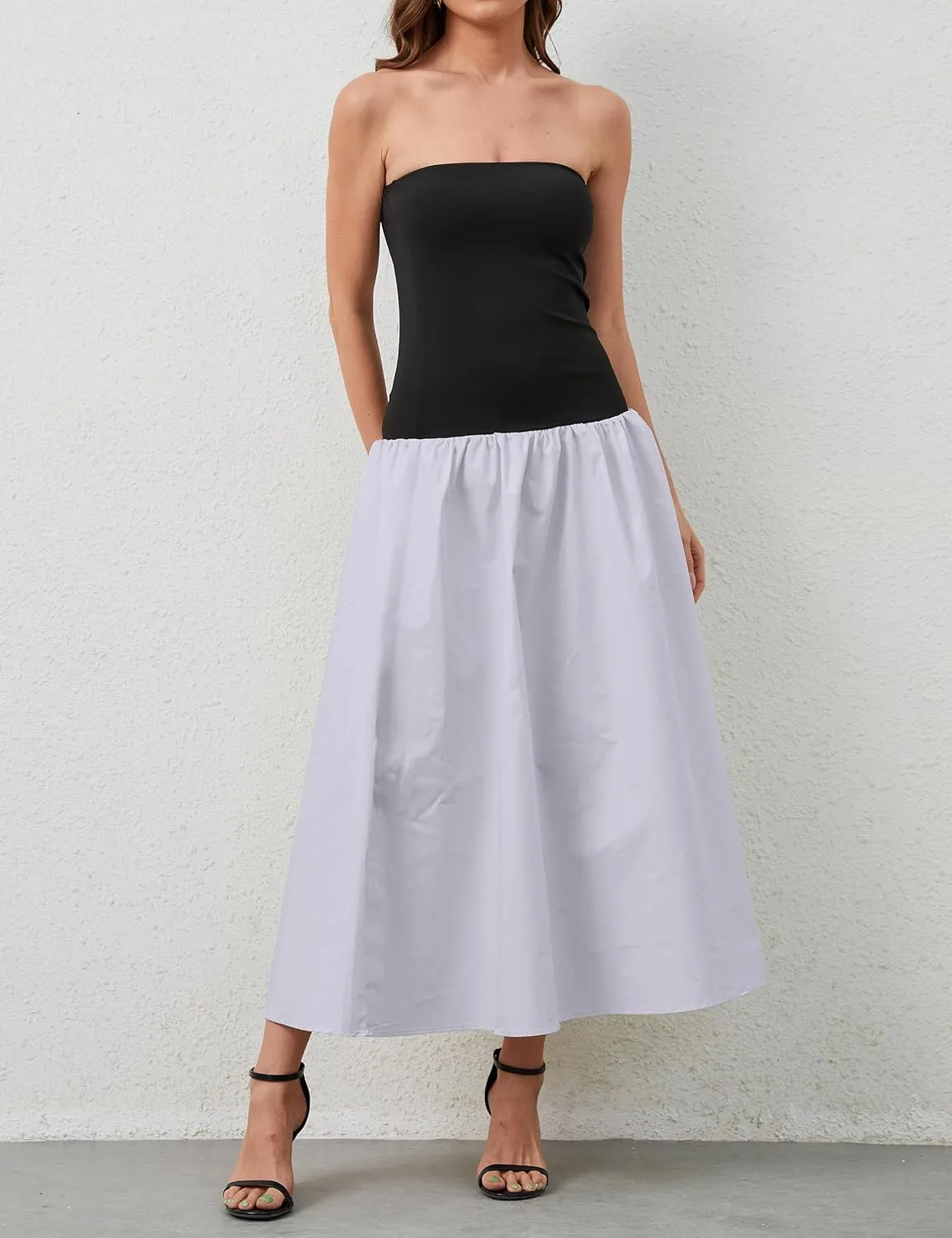 Women Summer Strapless Maxi Tube Dress Sleeveless Patchwork Off Shoulder Color Block Bandeau Swing Long Dress