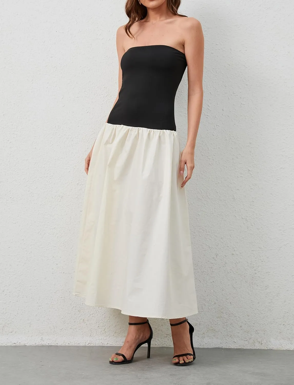 Women Summer Strapless Maxi Tube Dress Sleeveless Patchwork Off Shoulder Color Block Bandeau Swing Long Dress