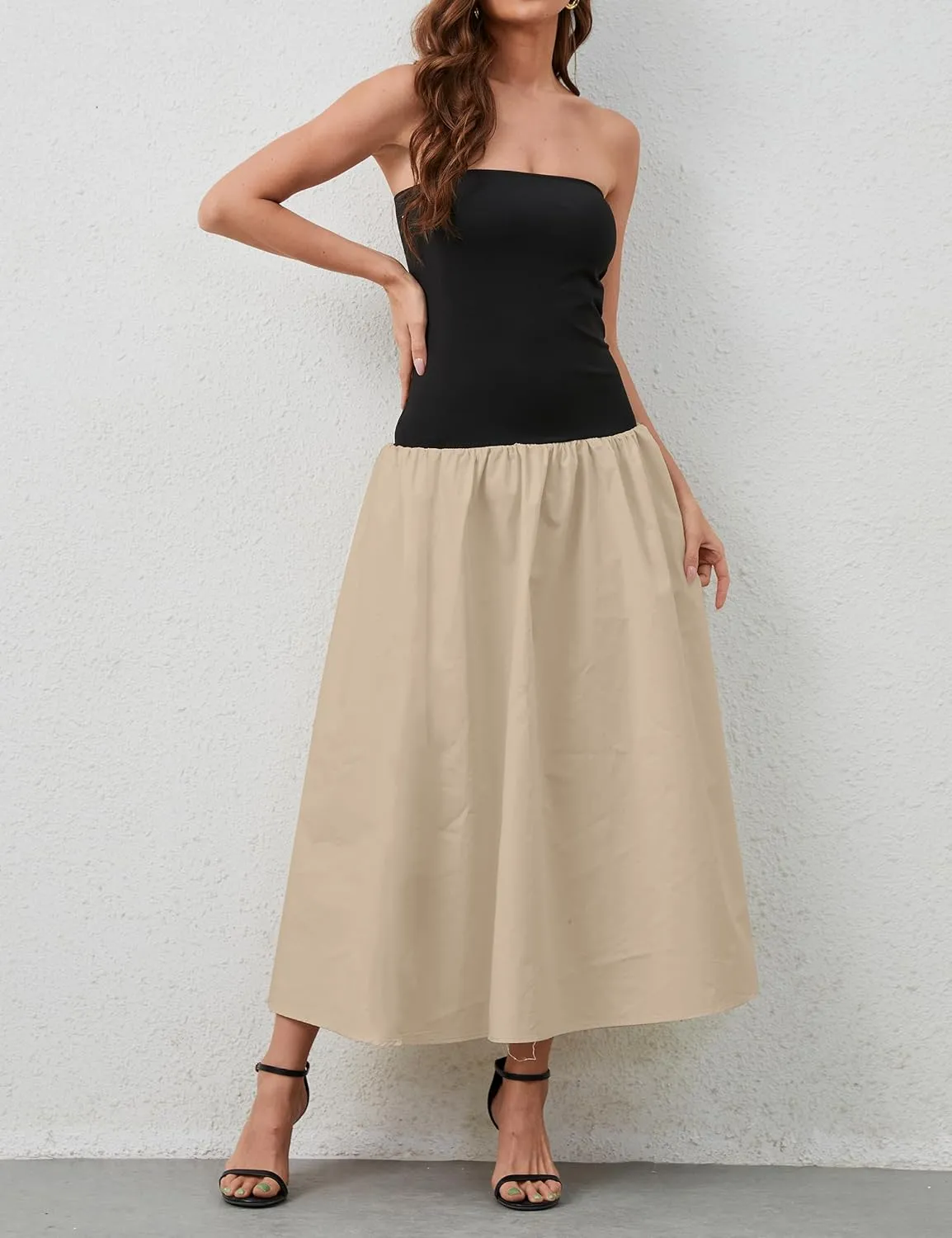 Women Summer Strapless Maxi Tube Dress Sleeveless Patchwork Off Shoulder Color Block Bandeau Swing Long Dress