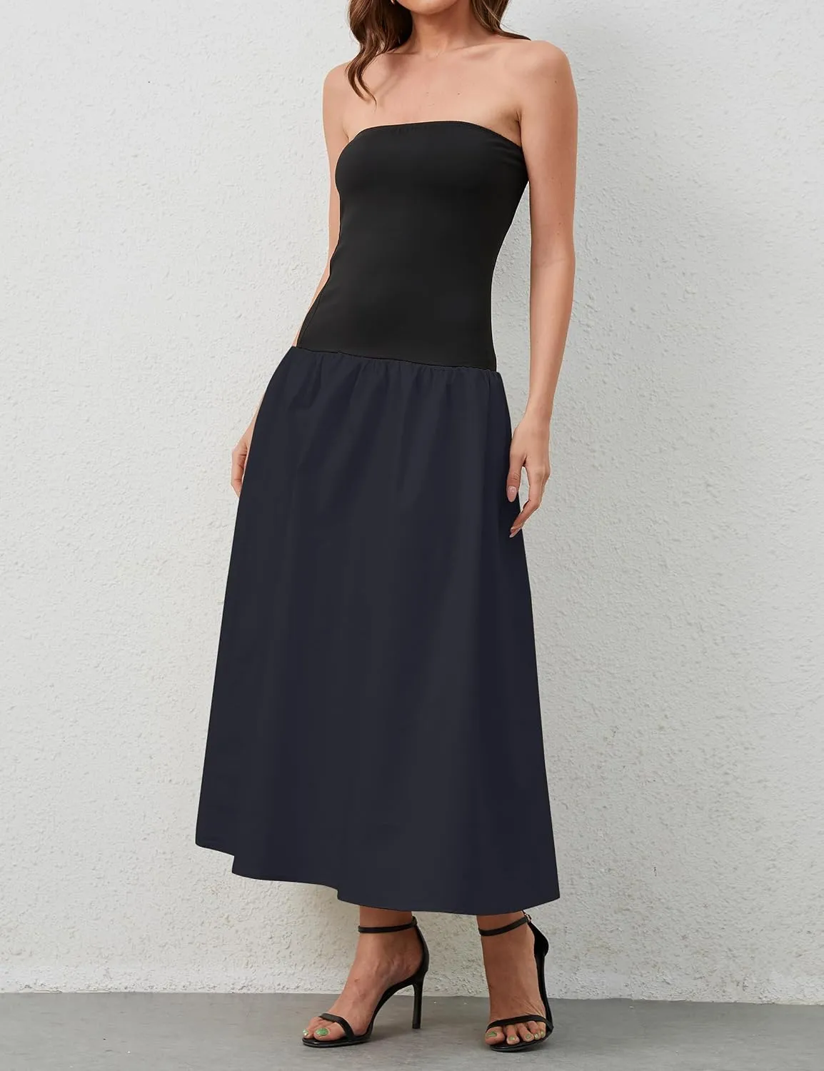 Women Summer Strapless Maxi Tube Dress Sleeveless Patchwork Off Shoulder Color Block Bandeau Swing Long Dress