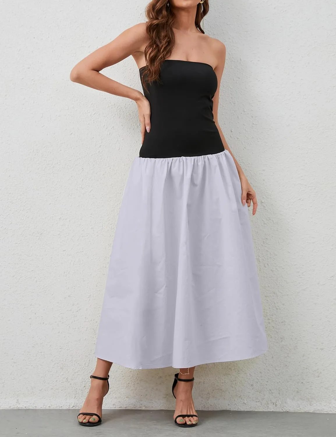 Women Summer Strapless Maxi Tube Dress Sleeveless Patchwork Off Shoulder Color Block Bandeau Swing Long Dress