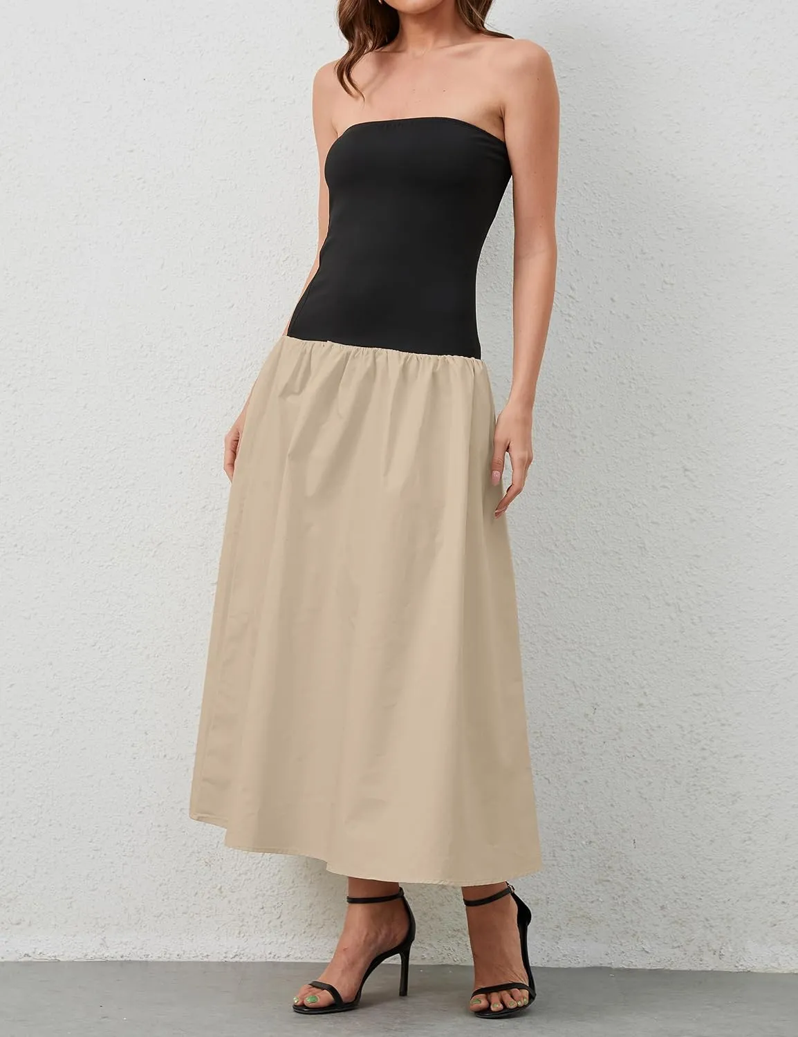 Women Summer Strapless Maxi Tube Dress Sleeveless Patchwork Off Shoulder Color Block Bandeau Swing Long Dress