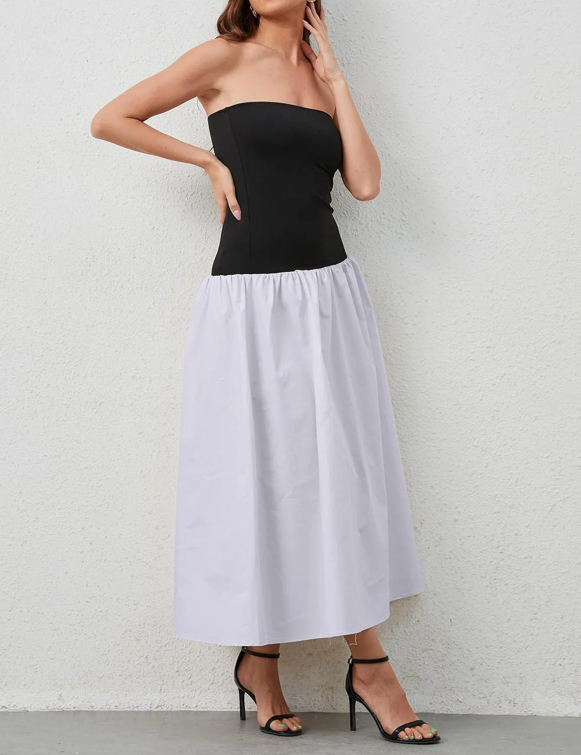 Women Summer Strapless Maxi Tube Dress Sleeveless Patchwork Off Shoulder Color Block Bandeau Swing Long Dress