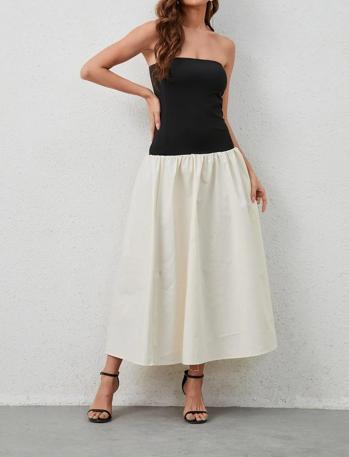 Women Summer Strapless Maxi Tube Dress Sleeveless Patchwork Off Shoulder Color Block Bandeau Swing Long Dress