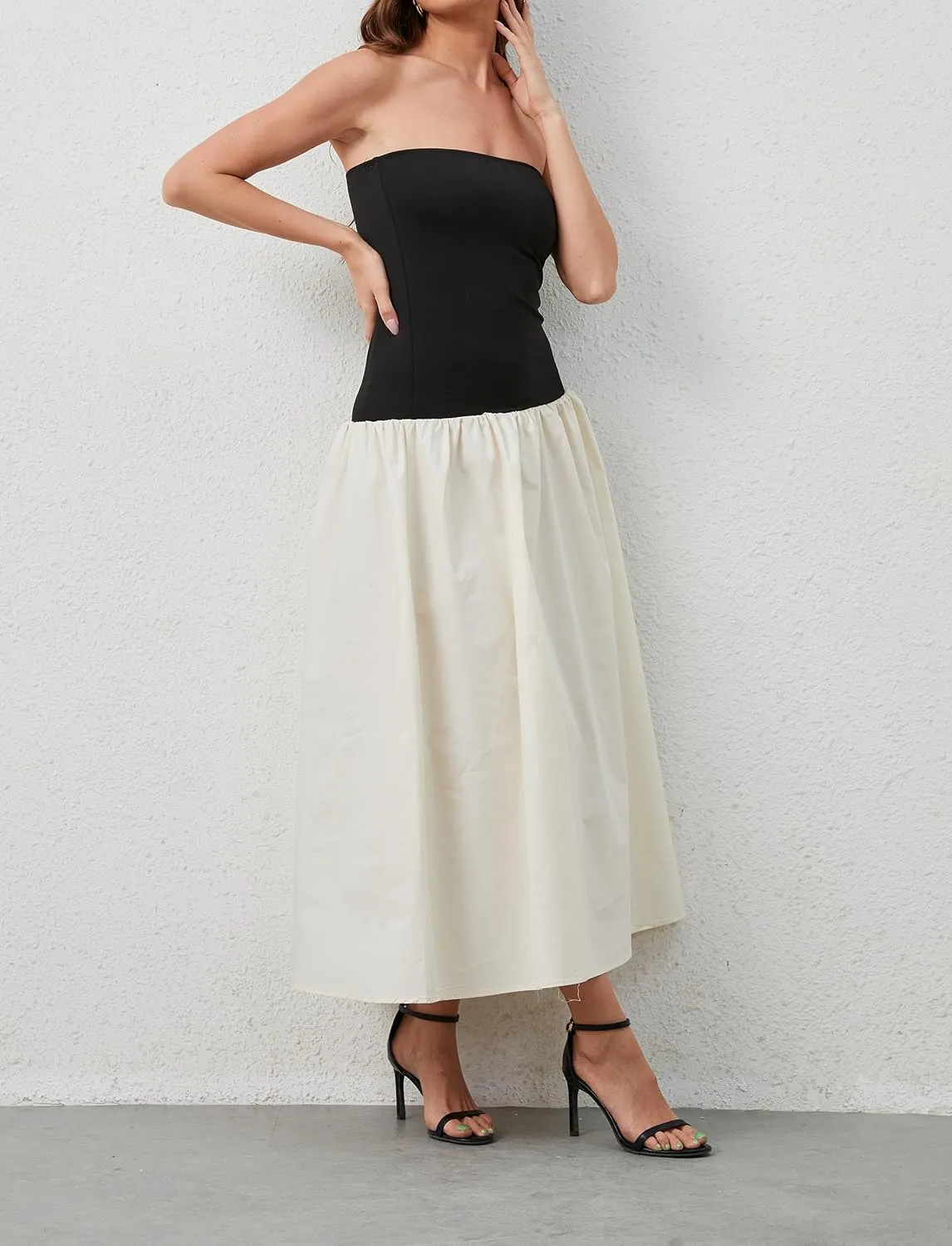 Women Summer Strapless Maxi Tube Dress Sleeveless Patchwork Off Shoulder Color Block Bandeau Swing Long Dress