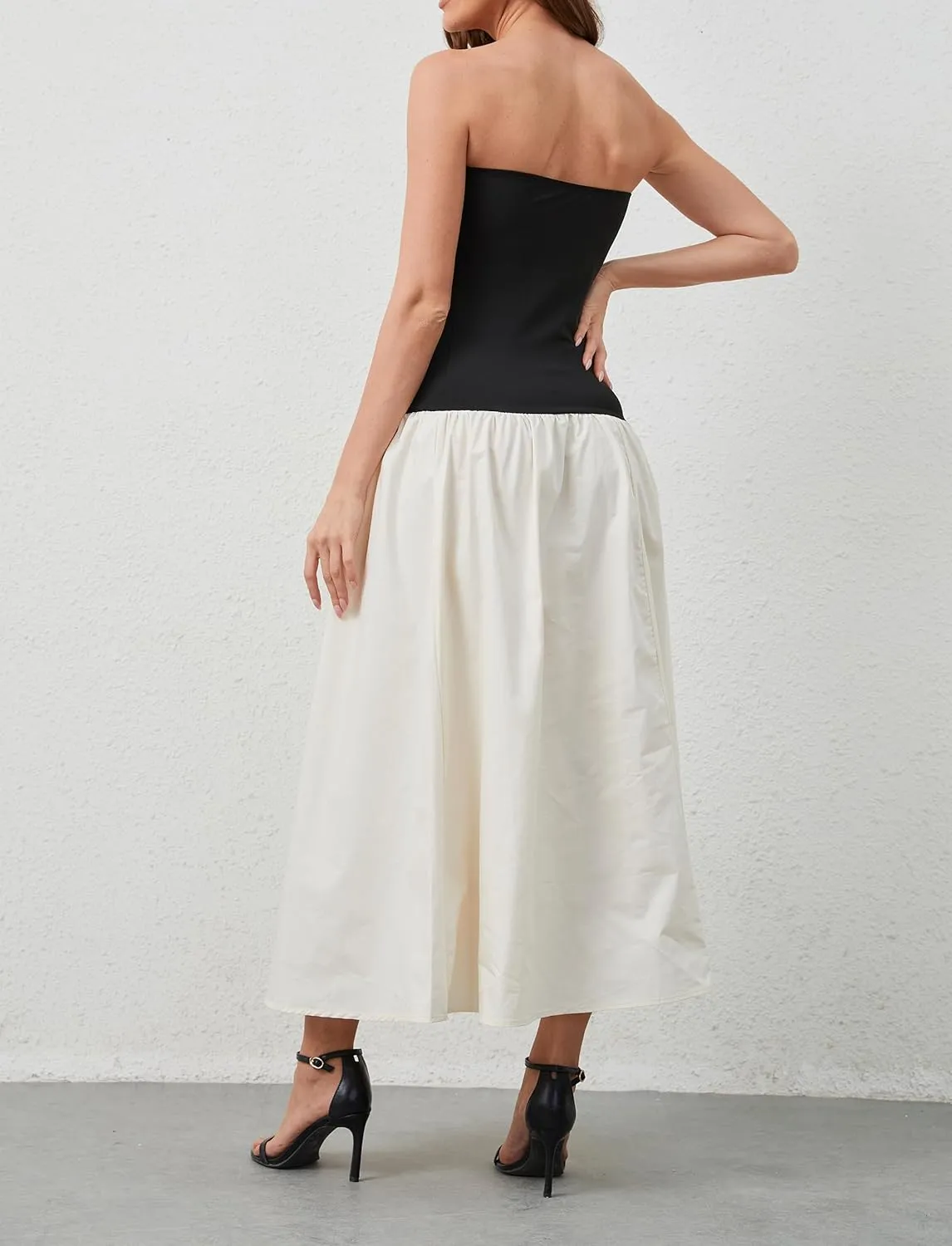 Women Summer Strapless Maxi Tube Dress Sleeveless Patchwork Off Shoulder Color Block Bandeau Swing Long Dress