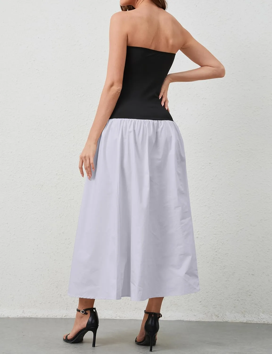 Women Summer Strapless Maxi Tube Dress Sleeveless Patchwork Off Shoulder Color Block Bandeau Swing Long Dress