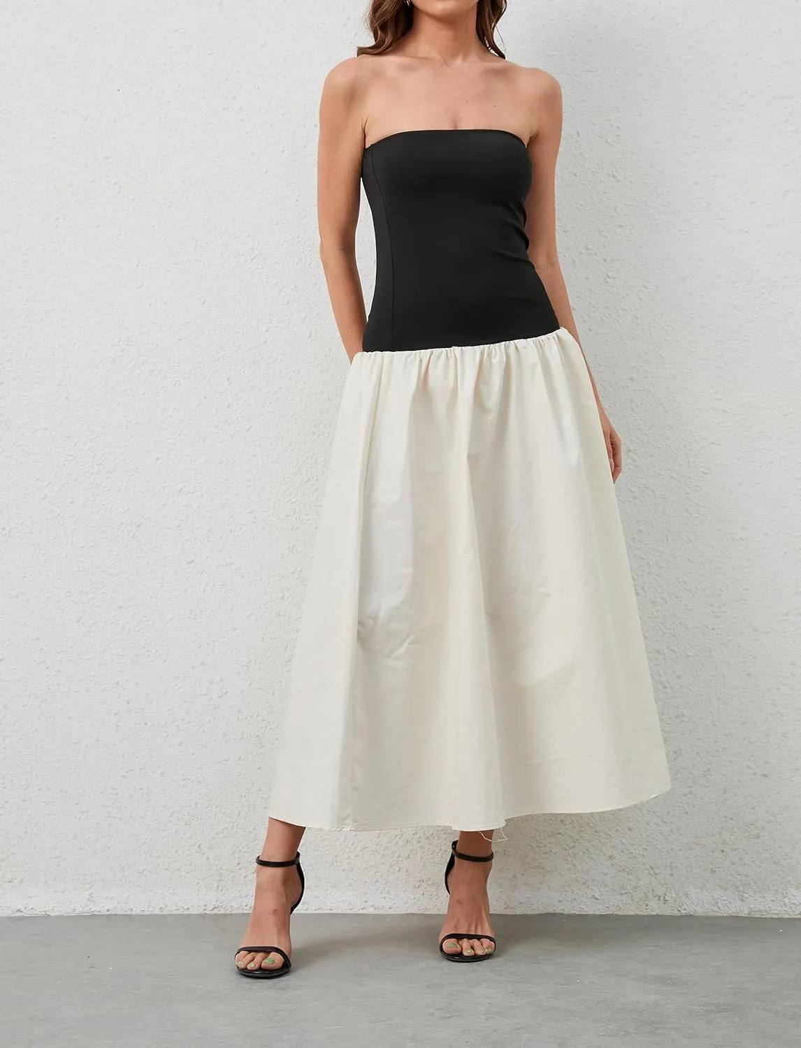 Women Summer Strapless Maxi Tube Dress Sleeveless Patchwork Off Shoulder Color Block Bandeau Swing Long Dress
