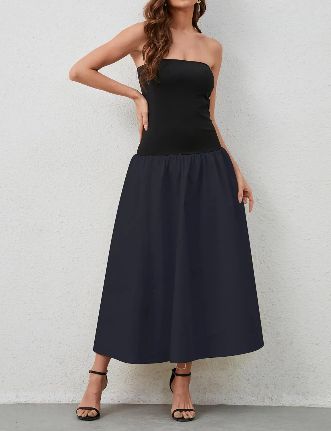 Women Summer Strapless Maxi Tube Dress Sleeveless Patchwork Off Shoulder Color Block Bandeau Swing Long Dress