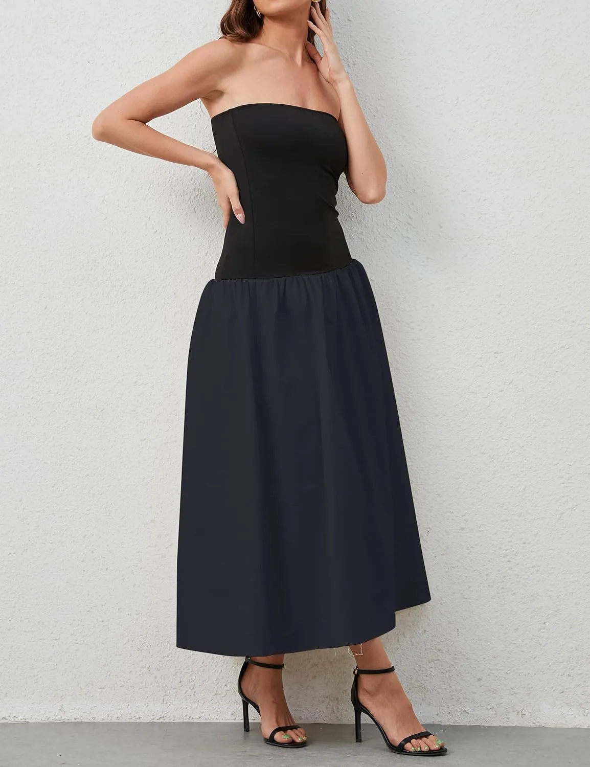 Women Summer Strapless Maxi Tube Dress Sleeveless Patchwork Off Shoulder Color Block Bandeau Swing Long Dress