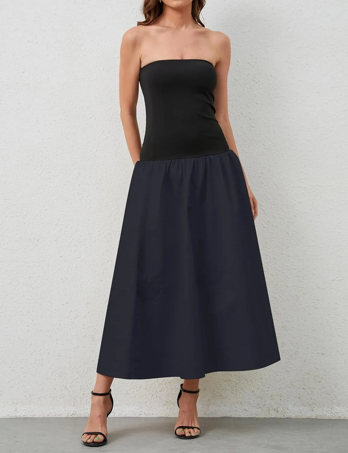 Women Summer Strapless Maxi Tube Dress Sleeveless Patchwork Off Shoulder Color Block Bandeau Swing Long Dress