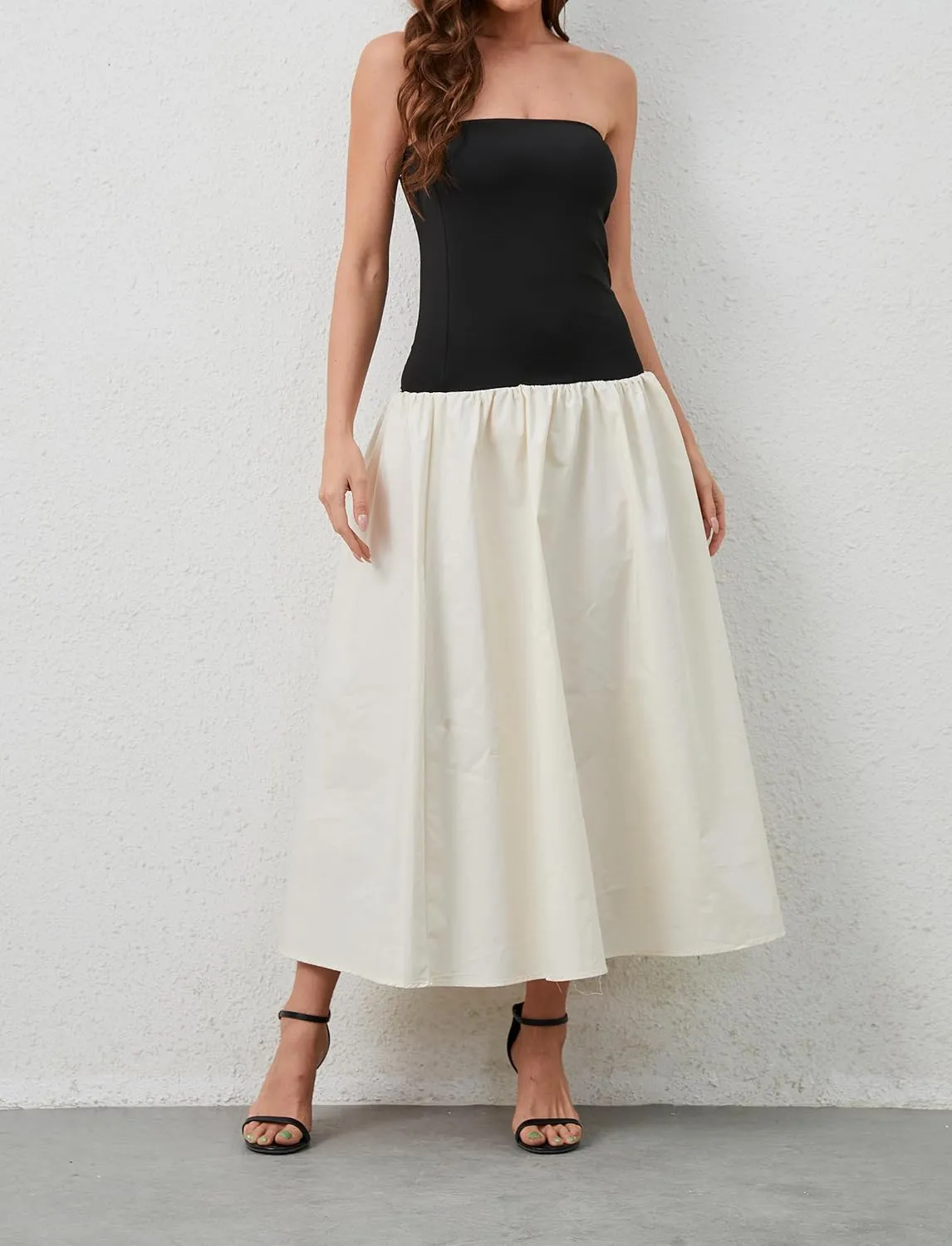 Women Summer Strapless Maxi Tube Dress Sleeveless Patchwork Off Shoulder Color Block Bandeau Swing Long Dress