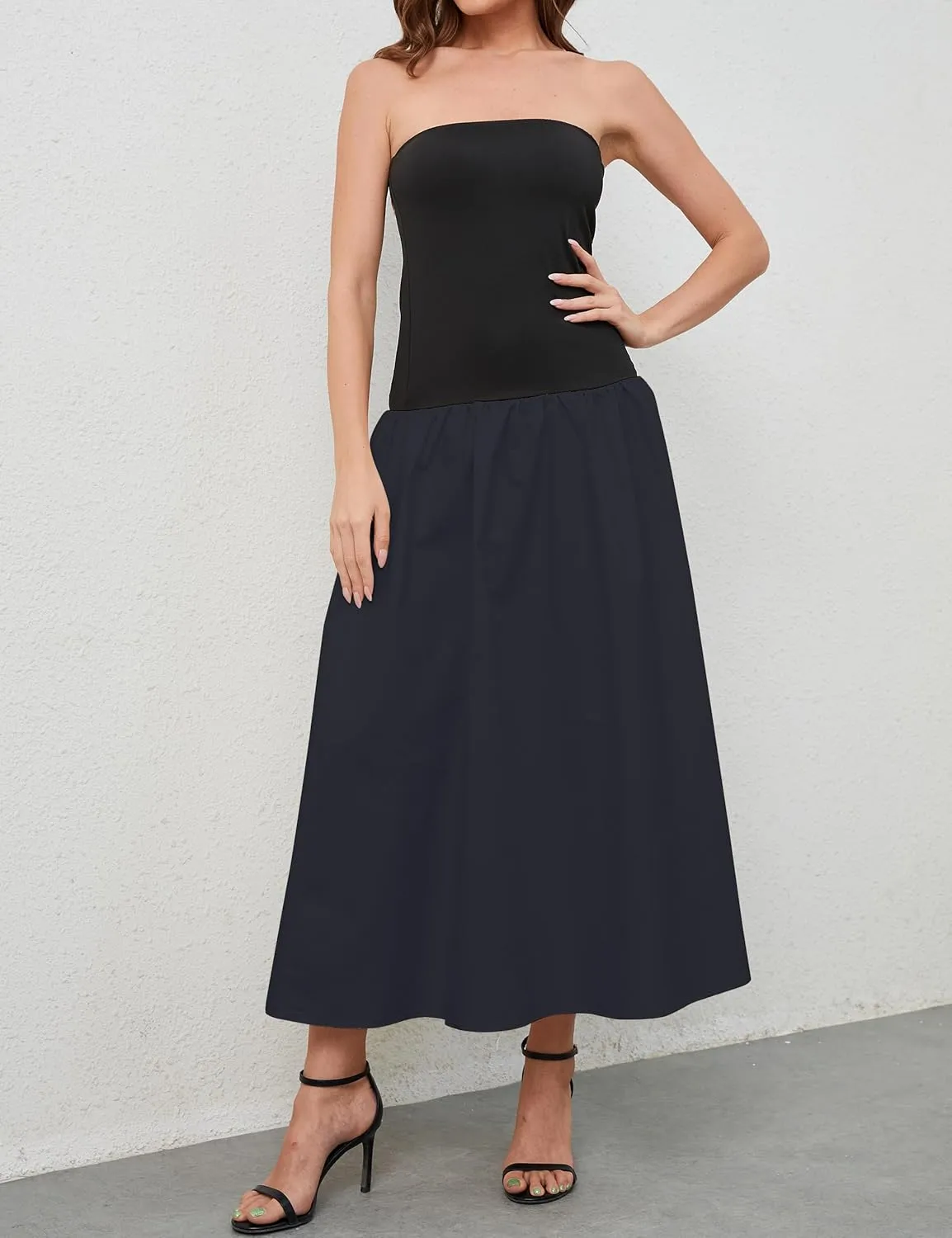 Women Summer Strapless Maxi Tube Dress Sleeveless Patchwork Off Shoulder Color Block Bandeau Swing Long Dress