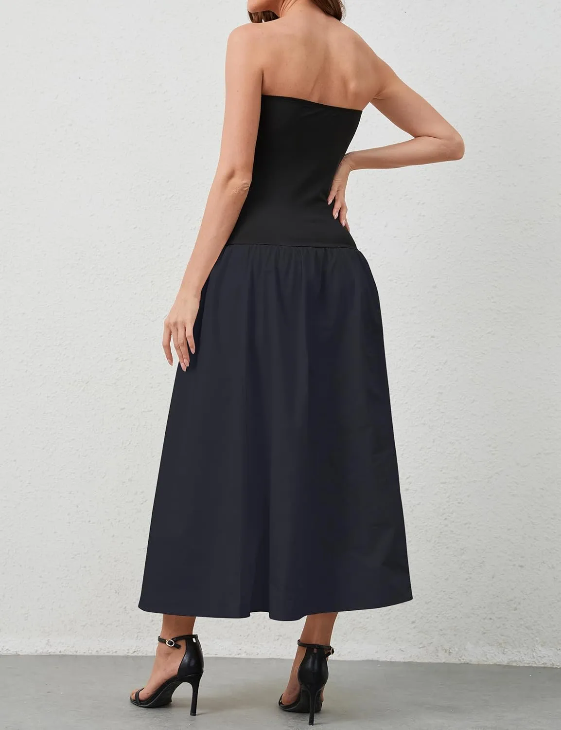 Women Summer Strapless Maxi Tube Dress Sleeveless Patchwork Off Shoulder Color Block Bandeau Swing Long Dress