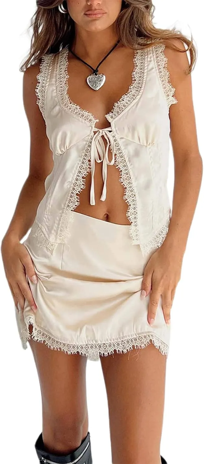 Women Y2K Tie Front Split Cami Crop Top Sleeveless Backelss V Neck Lace Trim Tank Top Open Front Top