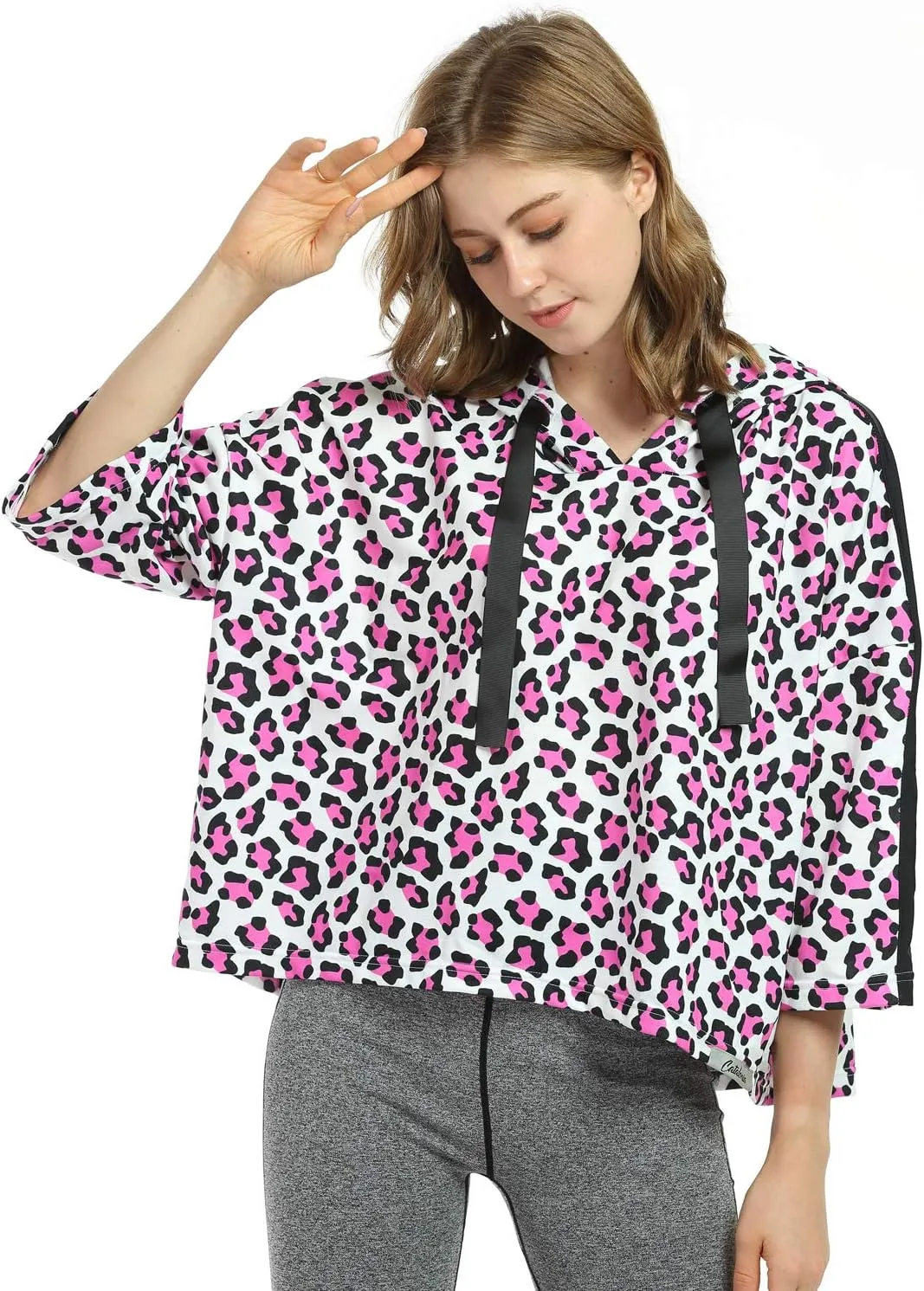 Womens Casual Cropped Hoodie, 3/4 Sleeve Loose Pullover Sweatshirt Crop Top