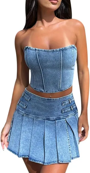 Women's Denim Mini Skirt Set Strapless Off Shoulder Tube Top High Waisted Split Skirt