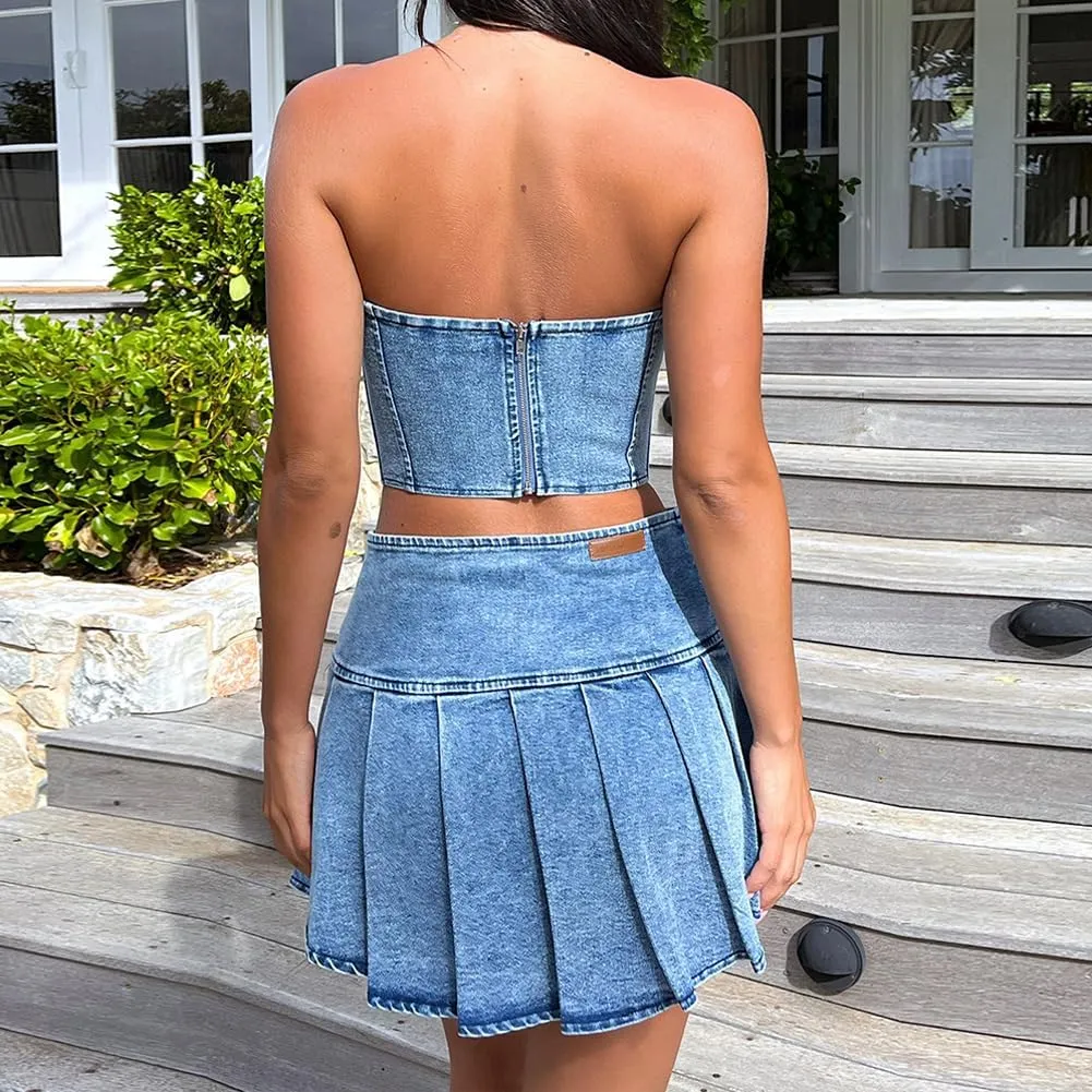 Women's Denim Mini Skirt Set Strapless Off Shoulder Tube Top High Waisted Split Skirt