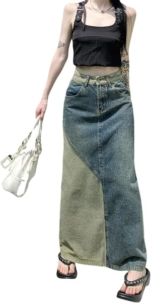 Women's Retro Pleated A-line midi Skirt Casual Splicing Open Front Women's Pocket Long Skirt