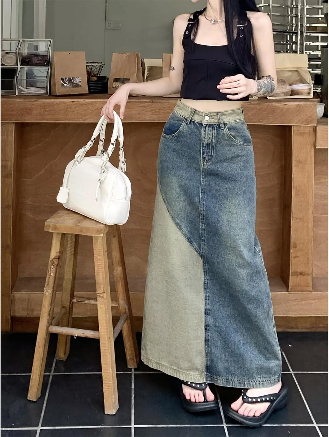 Women's Retro Pleated A-line midi Skirt Casual Splicing Open Front Women's Pocket Long Skirt