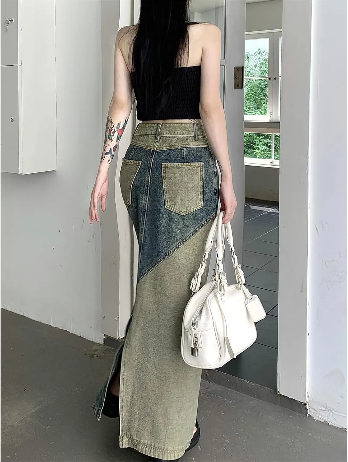 Women's Retro Pleated A-line midi Skirt Casual Splicing Open Front Women's Pocket Long Skirt
