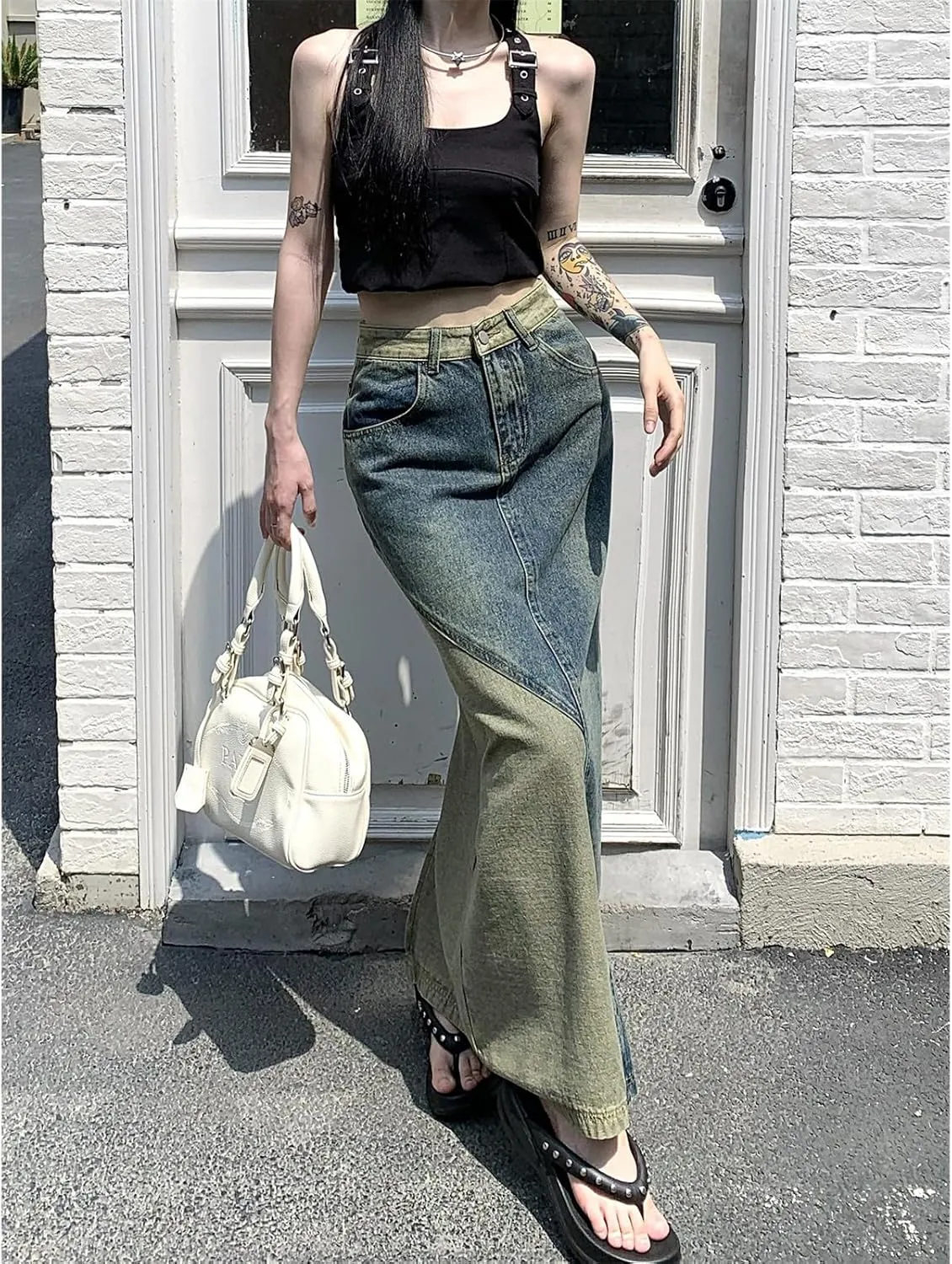 Women's Retro Pleated A-line midi Skirt Casual Splicing Open Front Women's Pocket Long Skirt