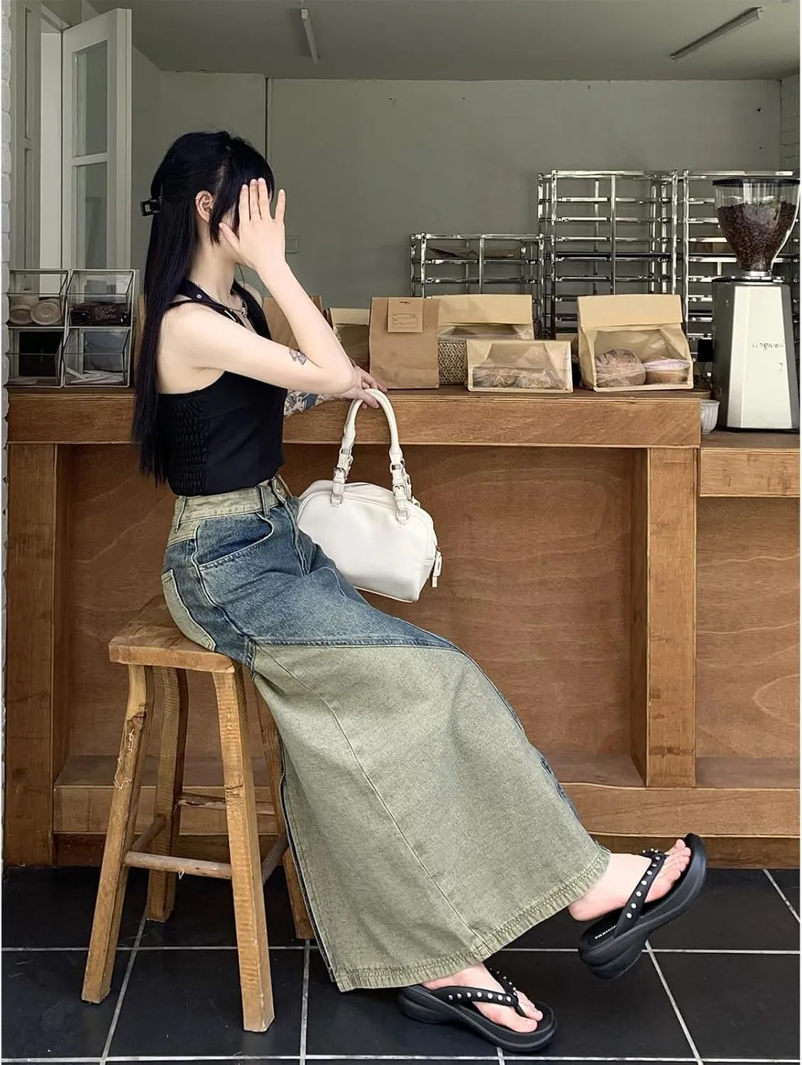 Women's Retro Pleated A-line midi Skirt Casual Splicing Open Front Women's Pocket Long Skirt