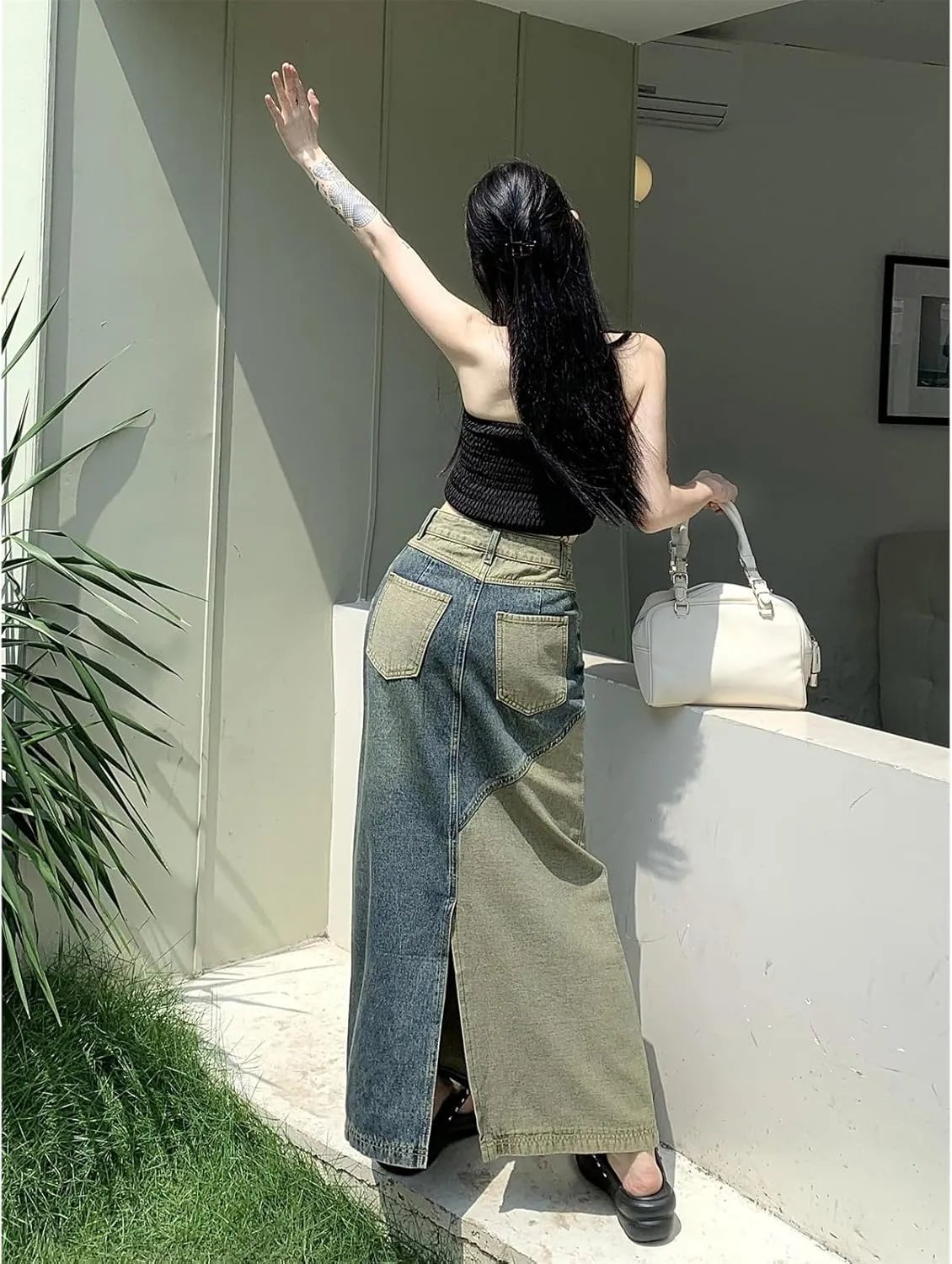 Women's Retro Pleated A-line midi Skirt Casual Splicing Open Front Women's Pocket Long Skirt