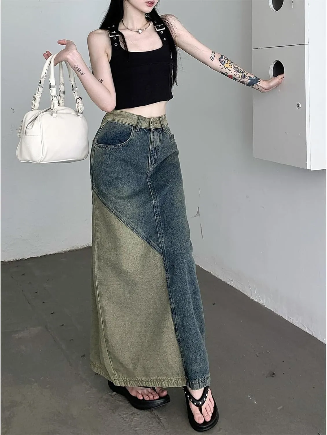 Women's Retro Pleated A-line midi Skirt Casual Splicing Open Front Women's Pocket Long Skirt
