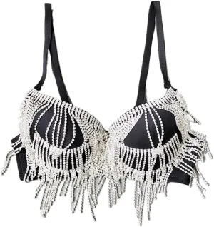 Women's Rhinestone Tassel Bralette Top, Padded Corset Crop Top