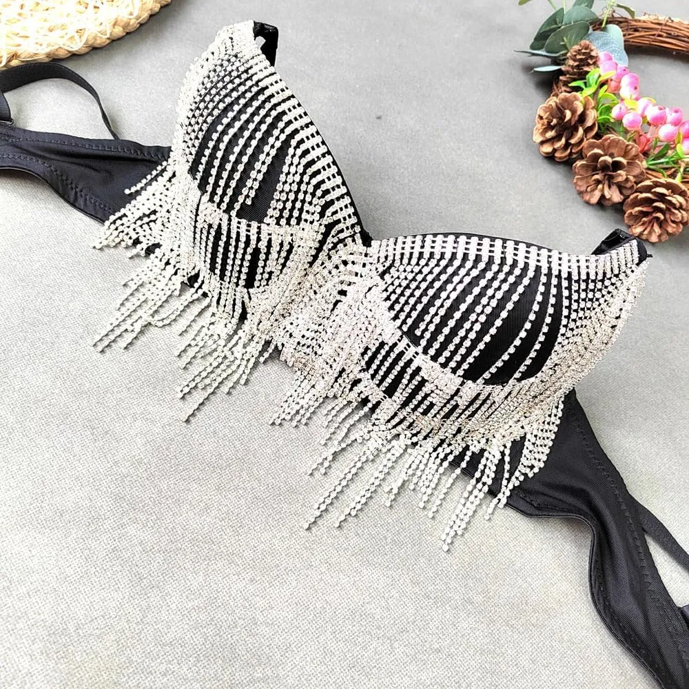 Women's Rhinestone Tassel Bralette Top, Padded Corset Crop Top