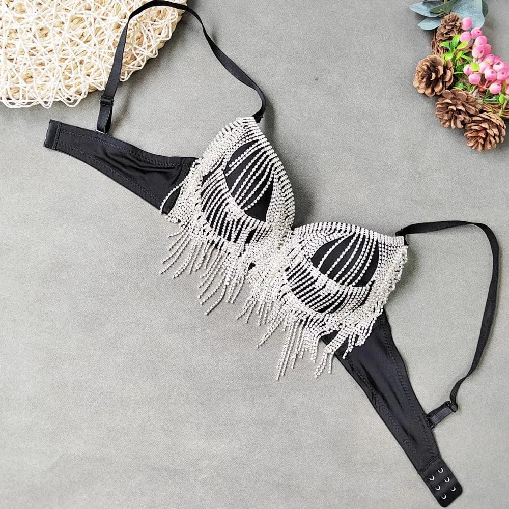 Women's Rhinestone Tassel Bralette Top, Padded Corset Crop Top
