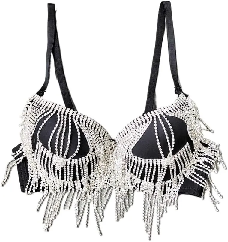 Women's Rhinestone Tassel Bralette Top, Padded Corset Crop Top