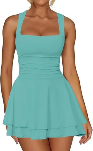 Women's Sexy Square Neck Mini Dresses Ruffle Summer Sleeveless Dress Ruched Waist Corset Dresses Short Workout Dress