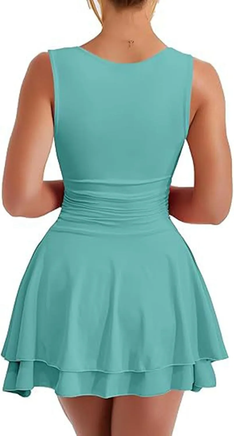 Women's Sexy Square Neck Mini Dresses Ruffle Summer Sleeveless Dress Ruched Waist Corset Dresses Short Workout Dress