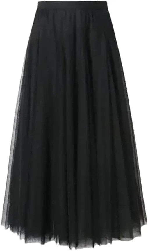 Women's Solid Polyester Stretch High Waist Dance Skirt Long Pleated Midi Skirt